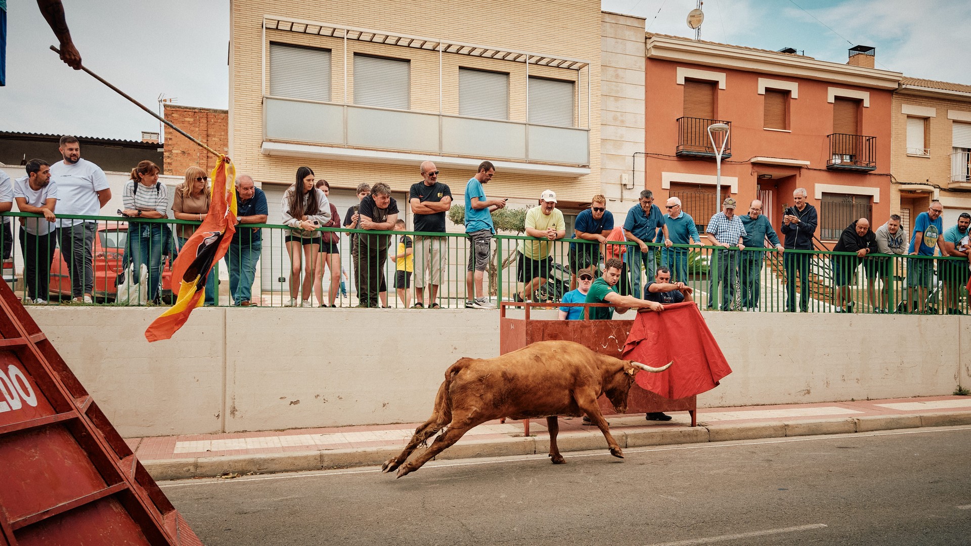Un toro castaño corre ante el público y las barreras.