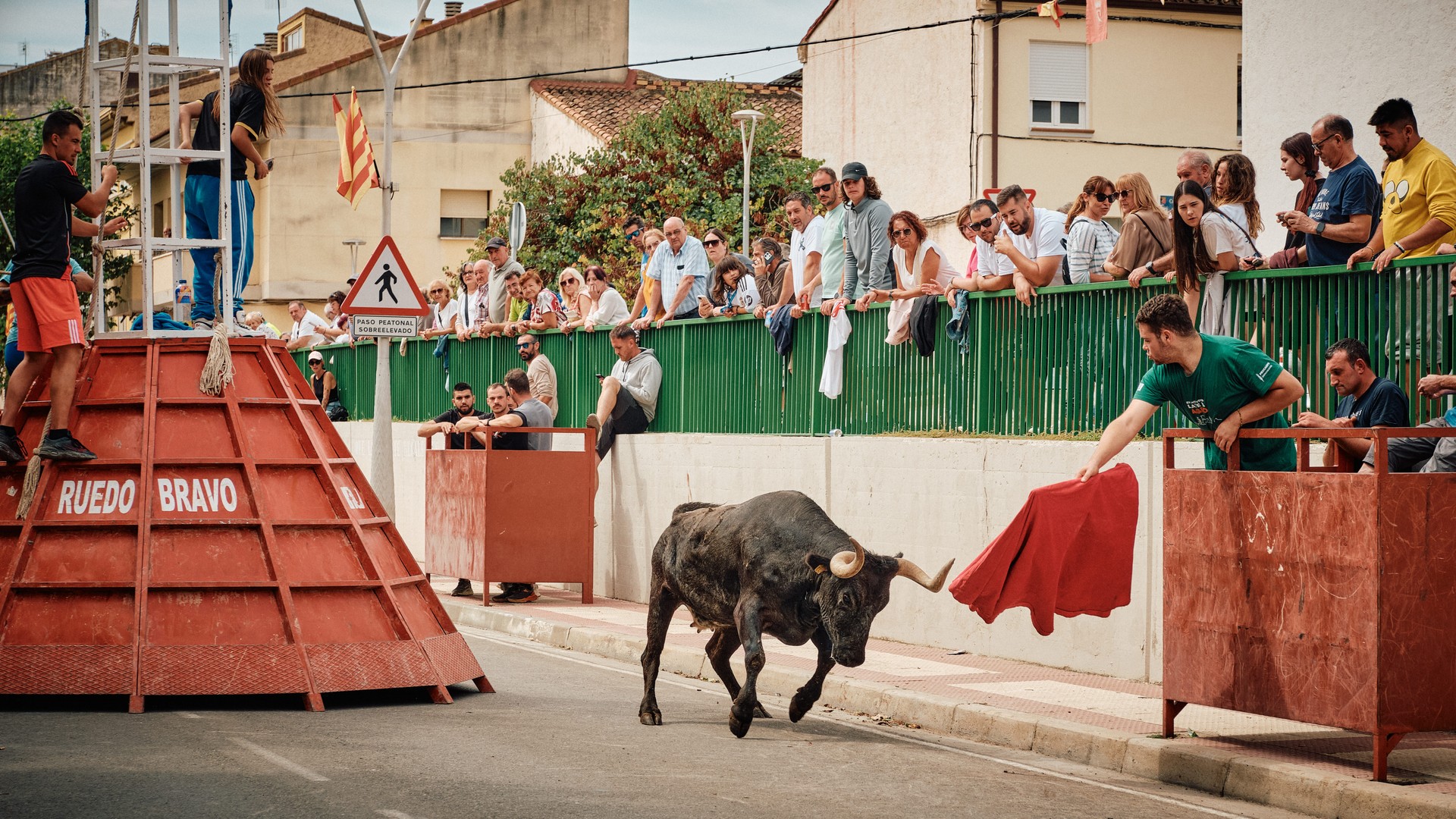 Un toro negro pasa junto a un capote rojo y al público.