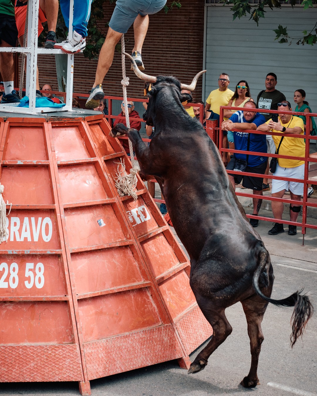 Un toro negro se encabrita contra una estructura roja.